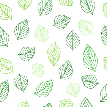 Seamless Background. Green Leaves Outline Pencil Drawing.