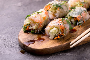 Vietnamese spring rolls with shrimps and vegetables. Copyspace