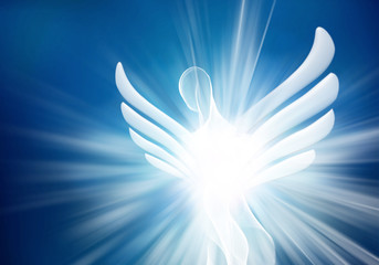 Fototapeta na wymiar Abstract modern white angel in sky with bright light rays