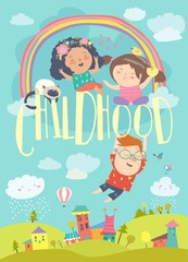 Obraz na płótnie Canvas Cute children with rainbow. Happy childhood. Summer background