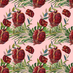 Seamless pomegranate painting with graphic, pattern background. Wallpaper or fabric design.