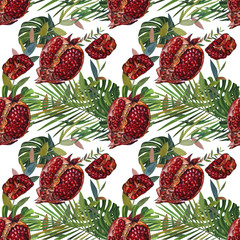Seamless pomegranate painting with graphic, pattern background. Wallpaper or fabric design.