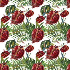 Seamless pomegranate painting with graphic, pattern background. Wallpaper or fabric design.