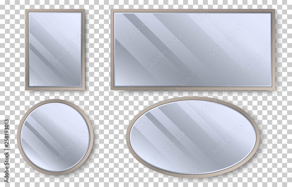 Poster set of realistic mirrors with reflection on glass. geometrical mirror with wooden frame in different