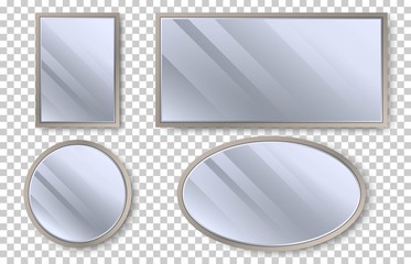 Set of realistic mirrors with reflection on glass. Geometrical mirror with wooden frame in different shapes - circle, rectangle, square, oval. Template design for interior.