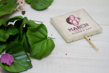 A beautiful chocolate cake at March 8 International Women's Day decorated with hyacinth, violet and rose from meringue.