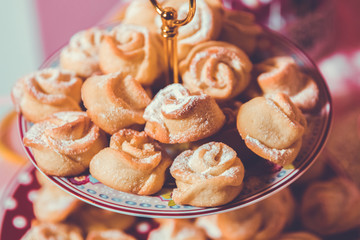 Flower shape cookies . Flower flat cake. Candy Bar