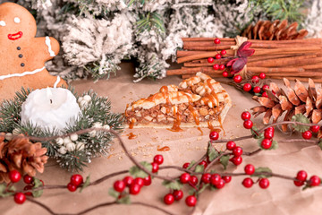 Homemade walnut pie with caramel and cinnamon.