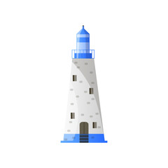White conic lighthouse with shadow, blue roof and wide foundation in flat design