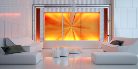 Futuristic interior design. Comfortable living room in white tones. Leather furniture. 3D illustration