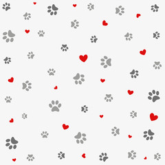 Seamless background with heart  and  footprint, paws