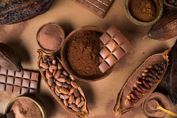 Chocolate bar, candy sweet, cacao beans and powder