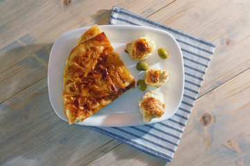 Balkan cuisine. Burek with cheese,  popular national dish.  Flat lay. White rustic background