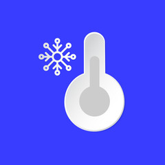 Thermometer, temperature emblem. Snowy Day Weather info icon. Snowflake and Barometer sign paper cut style on blue. Climate weather symbol. For Metcast report, meteo app, web.