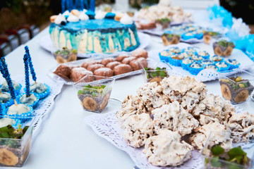 Beautiful variety of sweets on table with blue decorations