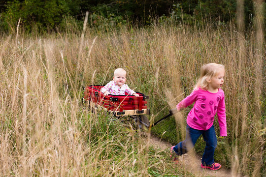 Girl Pulling Baby In Wagon