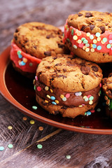 ice cream sandwiches with strawberry and chocolate. Chocolate Chip Cookie Ice Cream Sandwich