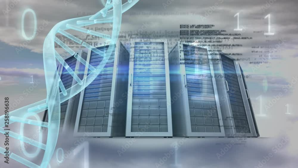 Poster computers console with dna and binary code animation