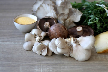 Champignon and oyster mushrooms, polenta, cheese and chicory on a wooden table. Ingredients for vegetarian lunch. Selective focus.