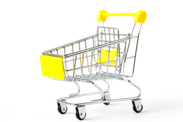 Shopping cart trolley basket is empty isolated on white background. Conception Festive Sale Discount. Trading Supermarket Retail.Copy space .