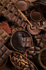 Chocolate bar, candy sweet, cacao beans and powder