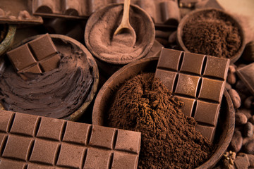 Chocolate bar, candy sweet, cacao beans and powder