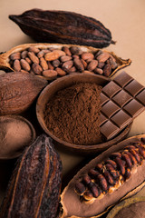 Chocolate bar, candy sweet, cacao beans and powder
