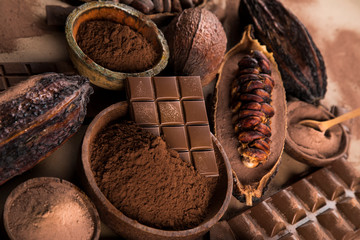 Chocolate bar, candy sweet, cacao beans and powder
