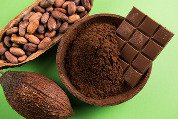 Chocolate bar, candy sweet, cacao beans and powder