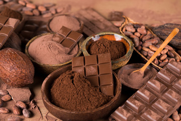 Chocolate bar, candy sweet, cacao beans and powder