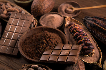 Chocolate bar, candy sweet, cacao beans and powder