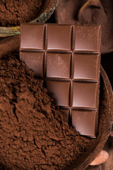 Chocolate bar, candy sweet, cacao beans and powder