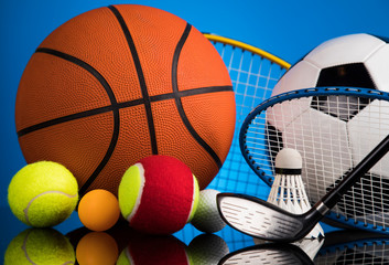 Sport equipment and balls, stadium background