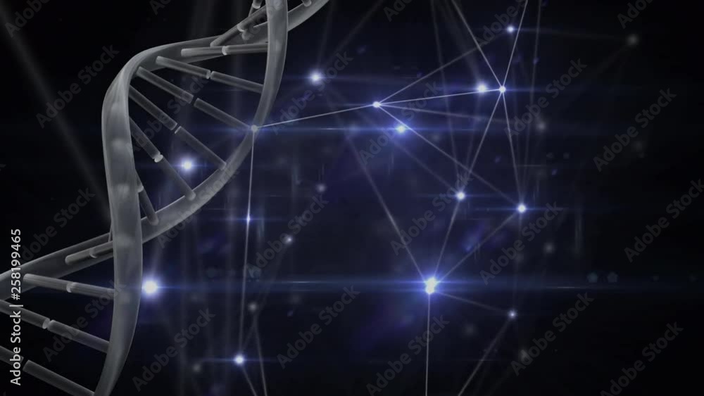 Poster dna animation on a dark background with light connections