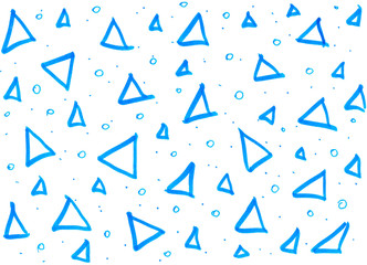 Blue triangles and dots drawn by hand in the technique of dudling on a white background.