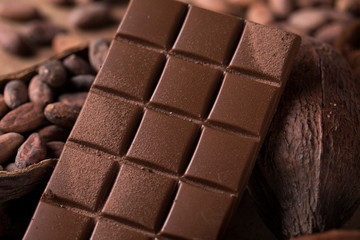 Chocolate bar, candy sweet, cacao beans and powder