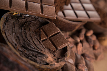 Chocolate bar, candy sweet, cacao beans and powder