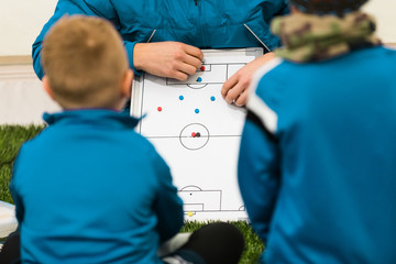 Youth Soccer Coach Coaching Children. Boys Soccer Players Listening Coaches Tactics and...