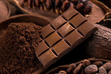 Chocolate bar, candy sweet, cacao beans and powder