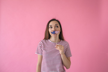 A nice girl is a concept of learning American language or immigration or work and travel.