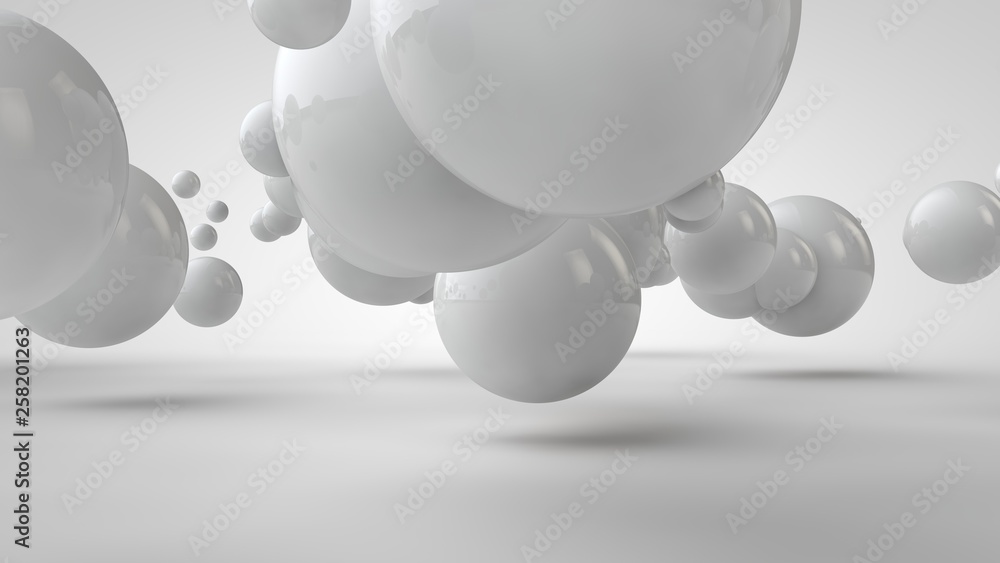 Poster 3d illustration of balls of different sizes hanging in space. the idea of order, chaos and harmony. 