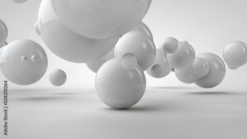 Poster 3d illustration of balls of different sizes hanging in space. the idea of order, chaos and harmony. 