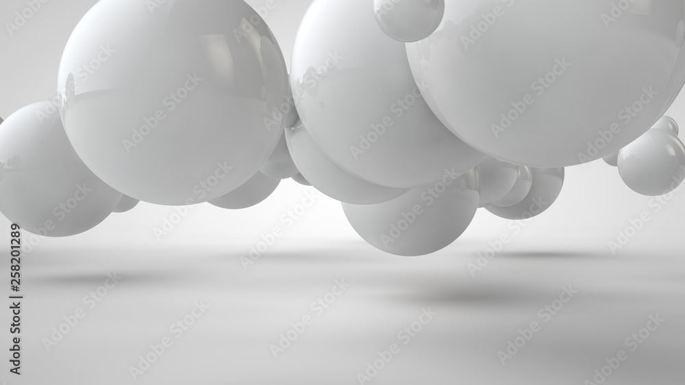 Poster 3d illustration of balls of different sizes hanging in space. the idea of order, chaos and harmony. 
