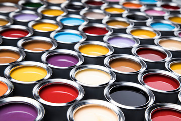 Full Buckets of rainbow colored oil paint