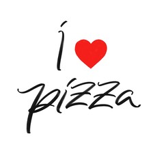 I love italian pizza handwriting calligraphy isolated on white background. Delicious italian pizza logo for restaurant and menu, cafe and pizzeria. 