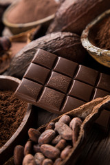 Chocolate bar, candy sweet, cacao beans and powder