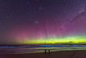 Two people in silhouette standing in awe of an incredible display of the Aurora Australis or Southern Lights, with bioluminescence turning the breaking waves bright blue.