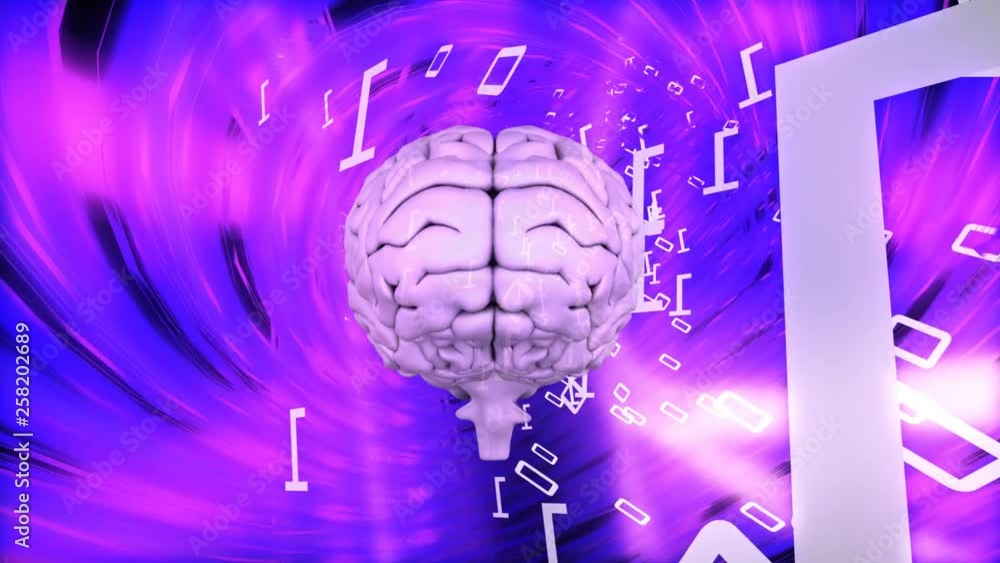 Poster brain surrounded by binary codes in moving color background