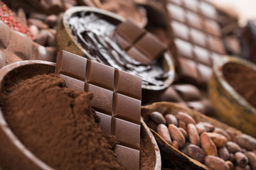 Chocolate bar, candy sweet, cacao beans and powder