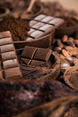 Chocolate bar, candy sweet, cacao beans and powder